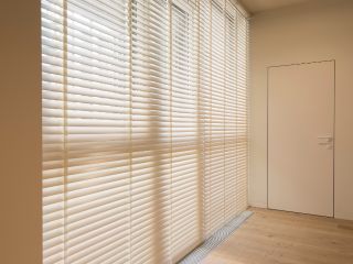 Elegant wooden blinds on a window with a view.
